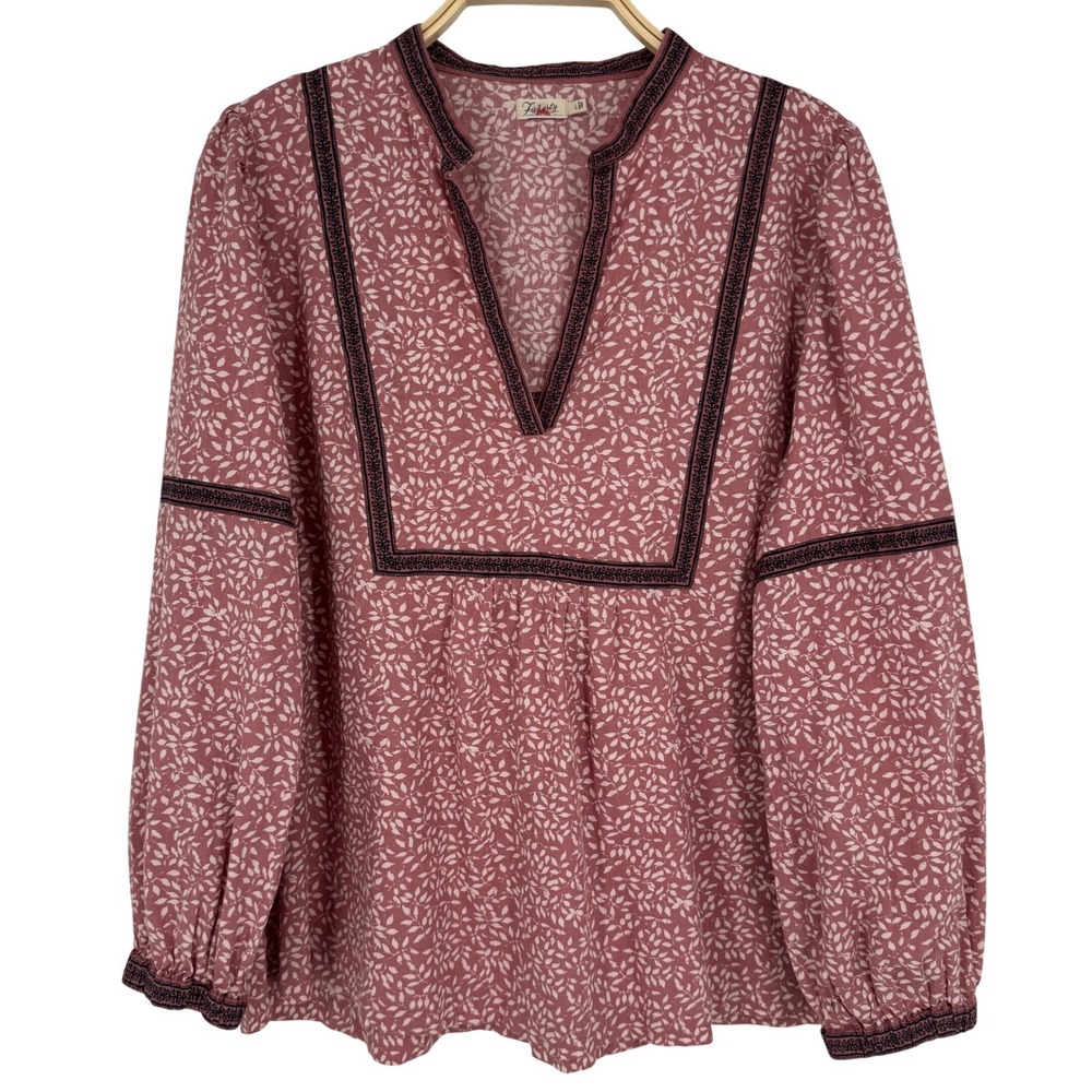 Faherty Aurora Top Large Mauve Leaf Batik Organic Cotton Boho Peasant Blouse
